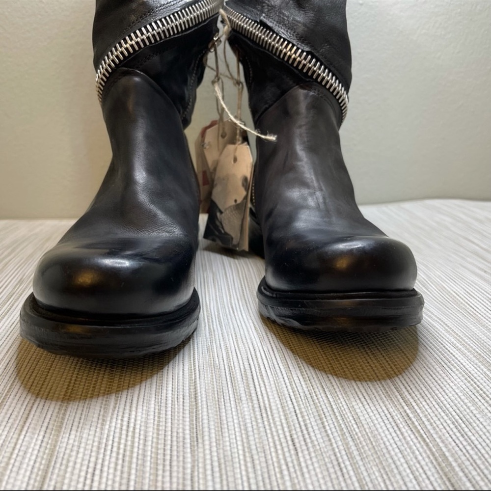 A.S.98 Black Leather Mid-Calf Moto Boots with Silver Zippers - Picture 9 of 16